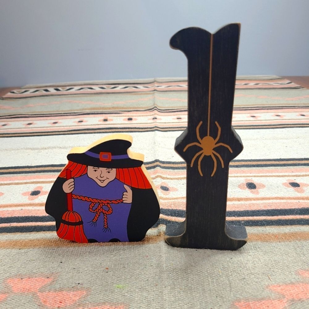 Halloween Decor Vintage Wooden Block Decorations Witch Spider Block Wood